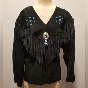 VINTAGE LEATHER JACKET PULLOVER WINDBREAKER SUEDE UNISEX FESTIVAL FRINGE HIPPIE